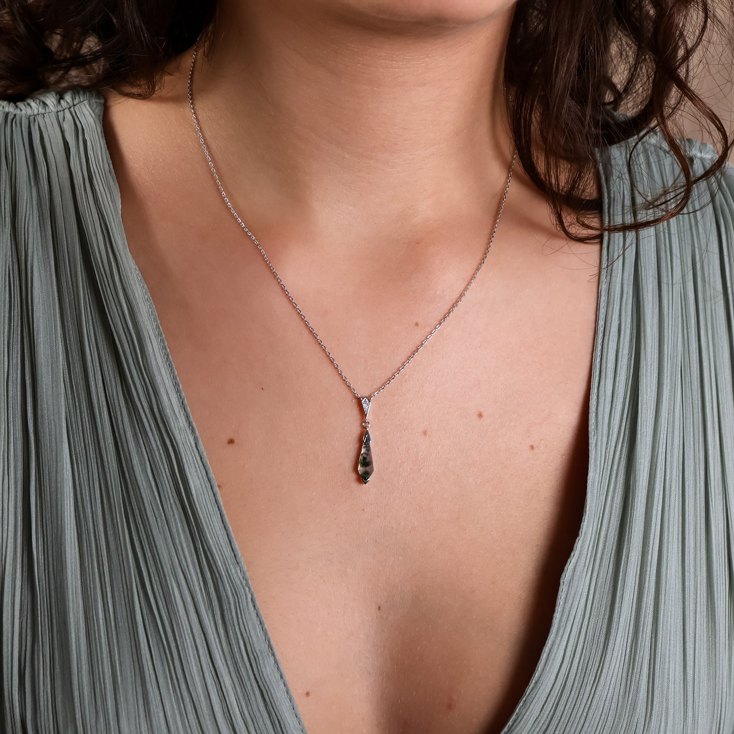 Moss Agate Silver Necklace Art Deco
