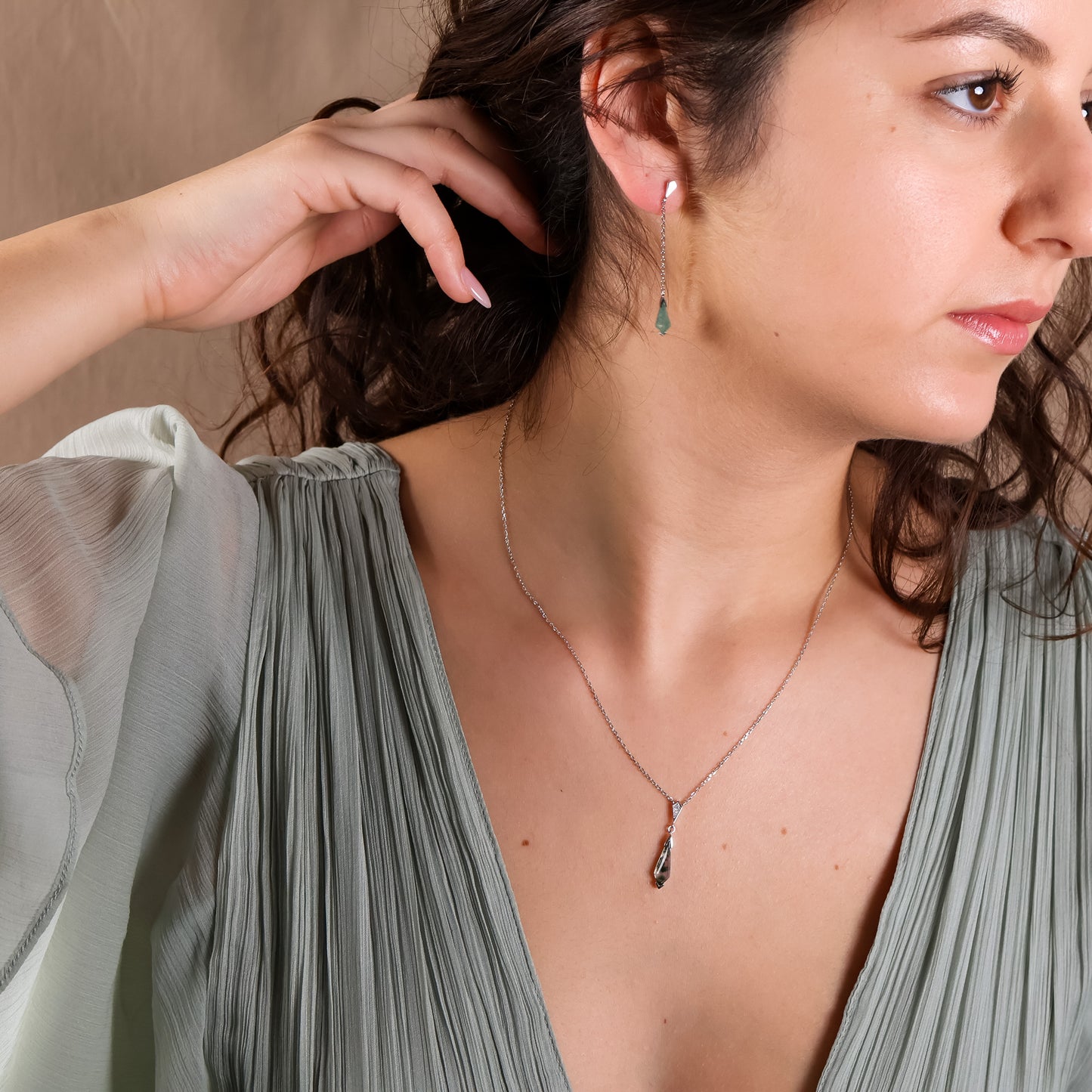 Moss Agate Silver Necklace Art Deco
