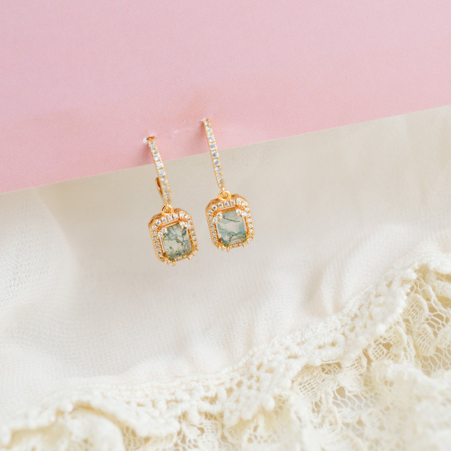 Moss Agate Gold Hoop Earrings